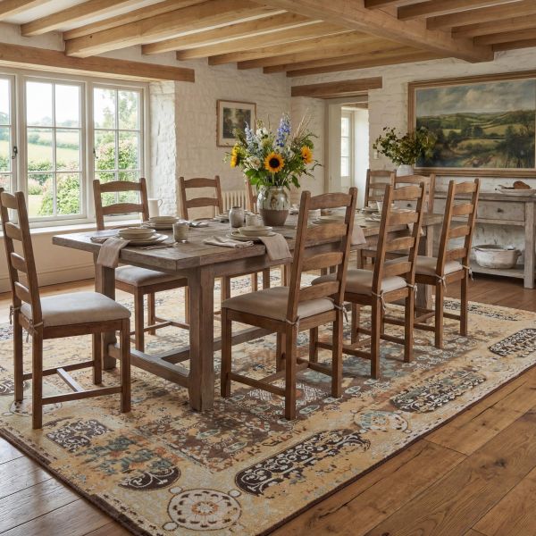 Hand-knotted Ziegler rug in a farmhouse-style dining room