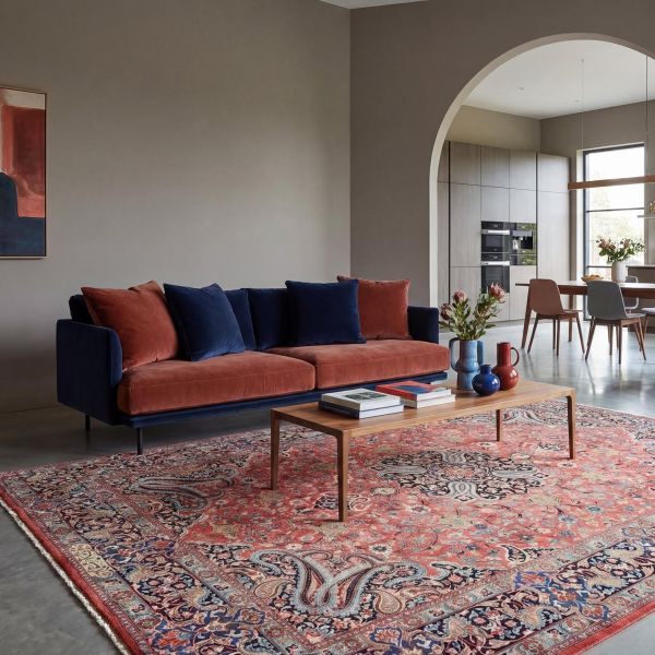 Classic Persian rug in the living room with floral pattern