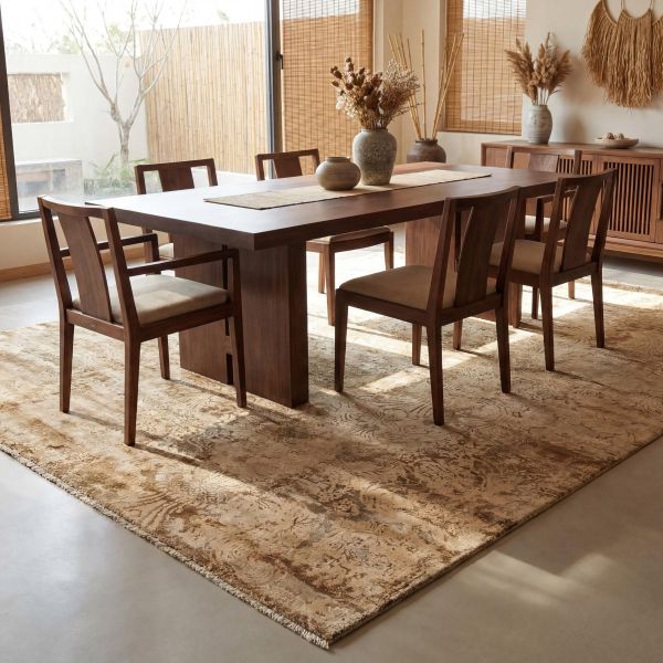 Hand-knotted Gabbeh rug in shades of red and blue with a geometric pattern in front of a freestandin
