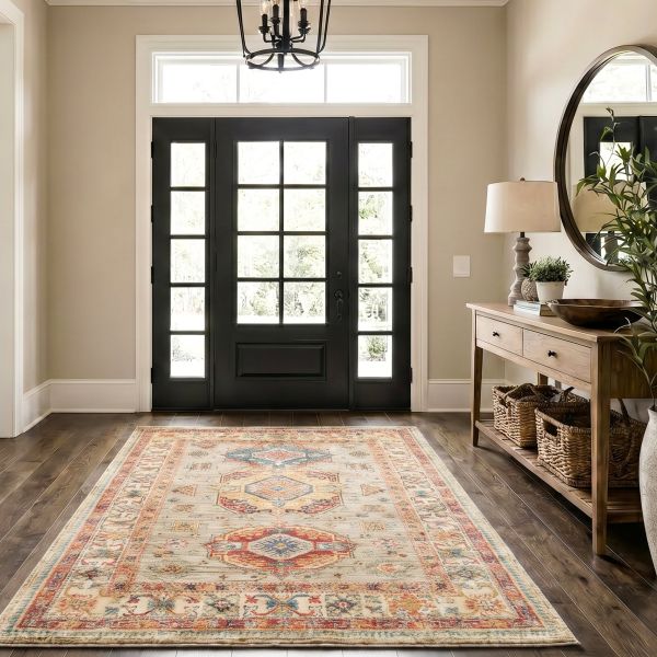 Kazak rug in the bright hallway with traditional geometric Caucasian patterns