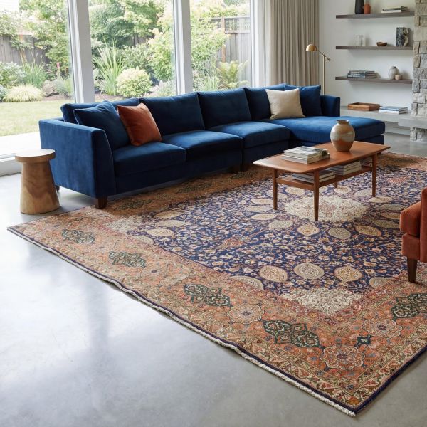 Dunkle Perserteppich Tabriz in einem großen Wohnzimmer