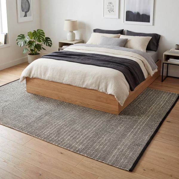 Moderne soverom med vevd naturfibreteppe i beige- og bruntoner, gulv til tak vinduer.