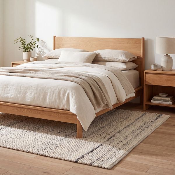 Texura Hilly tapis en laine de mouton naturelle avec une structure en relief marquée.