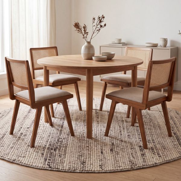 Alfombra redonda Texura de color beige con superficie texturizada bajo una mesa de comedor de madera