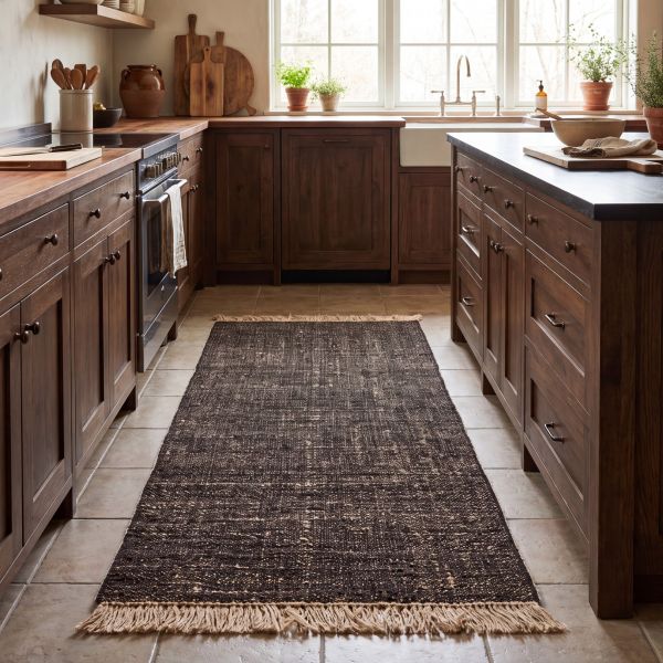Chien sur un canapé gris avec un tapis en fibres naturelles clair dans un intérieur moderne