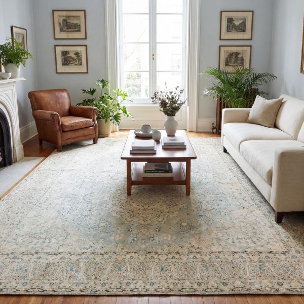 Großer Perserteppich Vintage Kerman in einem Stillvollen Wohnzimmer