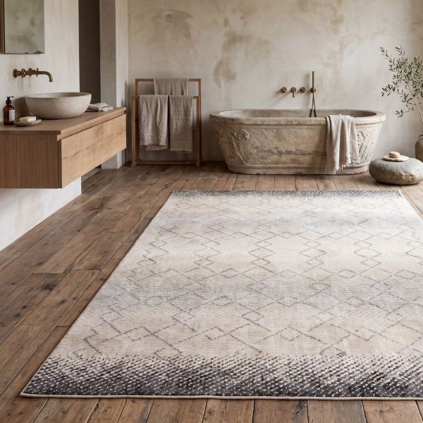 Klassinen persialainen Kerman-matto nykyaikaisessa kylpyhuoneessa, jossa on kylpyamme.
