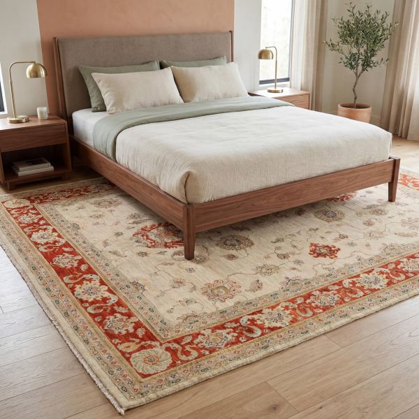 Salon moderne avec des fenêtres du sol au plafond, un grand canapé crème et un tapis en laine géomét