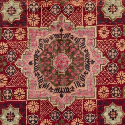 Tapete oriental Tabriz feito à mão com padrão de medalhão detalhado em vermelho, rosa, verde e escur