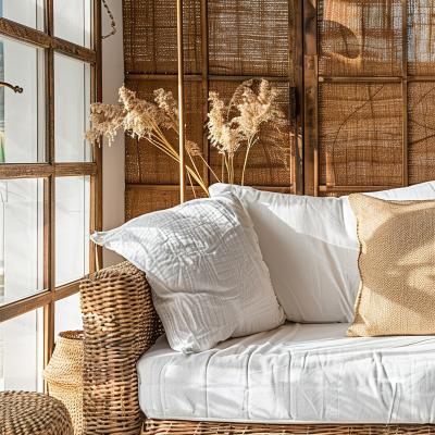 Cantinho acolhedor em estilo natural com sofá de rattan, almofadas brancas, flores secas e lâmpada d