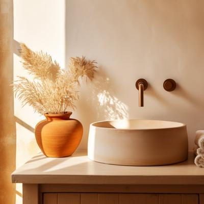 Casa de banho moderna em estilo Boho com lavatório de cerâmica redondo, torneiras de parede minimali