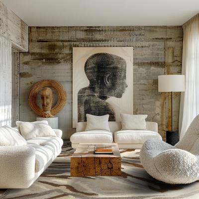Loftstil-stue med synligt betonvæg, grafisk sort-hvidt portræt, hvid sofa og brune-grå nuancer.