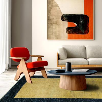 Moderne stue med abstrakt kunstværk i orange og sort, grøn tæppe med sort kant, hvid sofa og designe