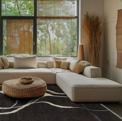 Salon inspiré boho avec un tapis noir tissé à la main au motif naturel.