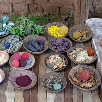 Kurve med plantebaserede naturmaterialer til farvning af tæppeuld