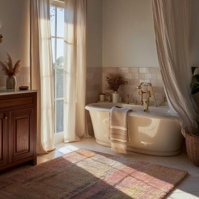 Kézzel csomózott perzsa szőnyeg élénk vörös árnyalatokban a fürdőszobában