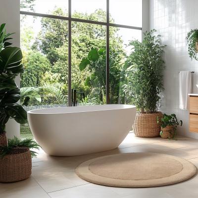 Modern hálószoba kerek perzsa szőnyeggel