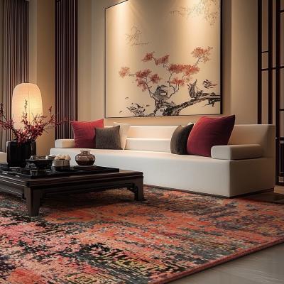 Minimalistisk meditationsrum med håndknyttet orientalsk tæppe for harmoni og Feng Shui.