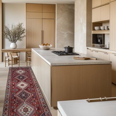 Køkken i trædesign med grøn tæppe løber.