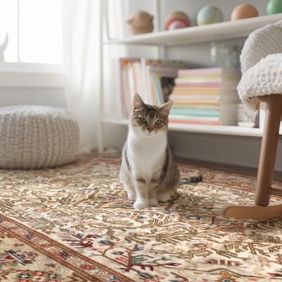 Nærbillede af hunden med en bold, der ligger på blødt tæppe.