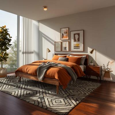 Kvinde sidder på grå-blå kelim-tæppe med geometrisk mønster.