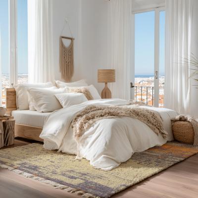 Modern szőnyeg a hálószobában az ágy alatt, nyugodt természetes színekben.