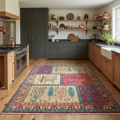 Multicolor Patchwork Teppich in einer modernen Landhausküche mit dunklen Schränken