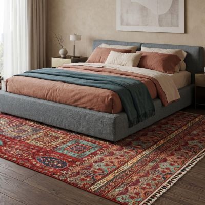 Multicolor Teppich im Schlafzimmer mit traditionellen Mustern und warmen Farben