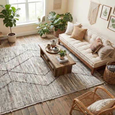 A boho living room with a grey designer rug and houseplants.