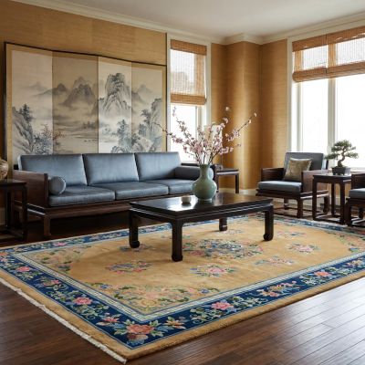 Stue i asiatisk livsstil med håndknyttet teppe og orientalsk design.
