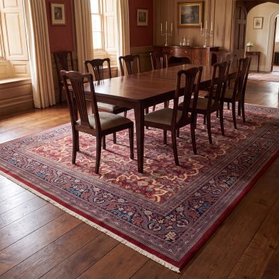 Hand-knotted rug under the dining table