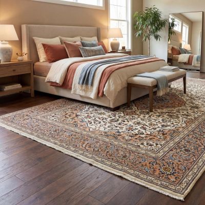 Hand-knotted oriental rug in the bedroom