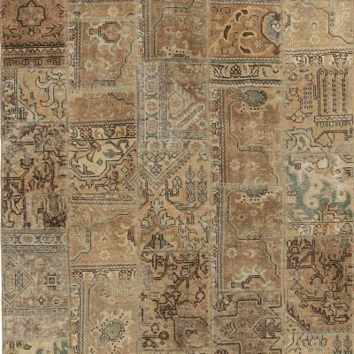 Photo of a light brown patchwork rug