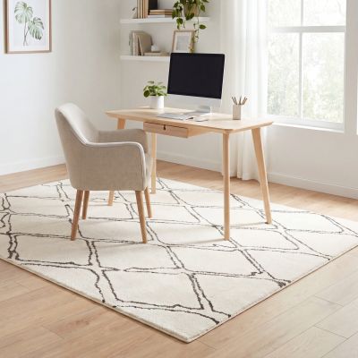 A Scandinavian home office with a modern rug.