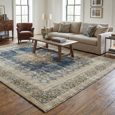 Blau / Grauer Perserteppich Vintage Kerman in Kombination mit grauen Sofa