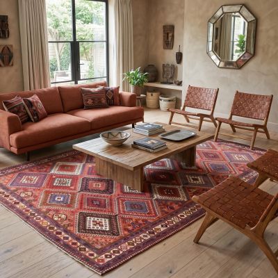 Salon au style ethnique avec tapis coloré et charme bohème naturel
