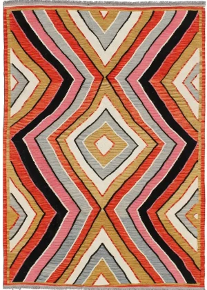 Kelim Afghan Heritage tæppe med geometrisk rhombemønster i orange, rosa, sort og hvid – tra
