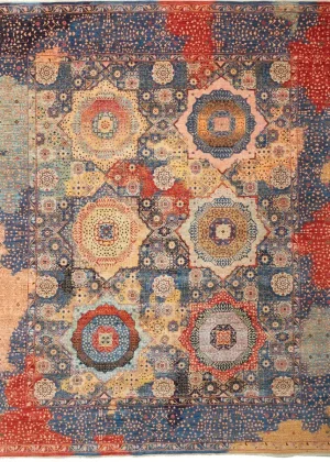 Mamluk orientalsk tæppe med detaljeret medaillonmønster i beige-, blå- og rødtone – inspireret af