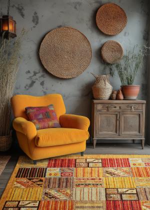 Modern Arijana szőnyeg etno stílusban, színes patchwork mintával a nappaliban.