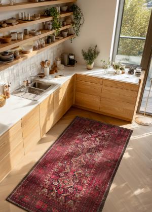 Covor afgan înnodat manual cu modele geometrice și culori intense într-o bucătărie modernă