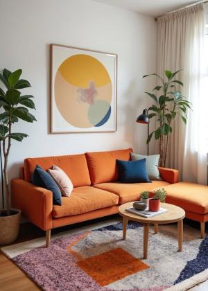 Moderner Berber Teppich mit buntem Design im Wohnzimmer