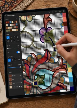 Digital rug design on a computer with detailed patterns and technical preparation