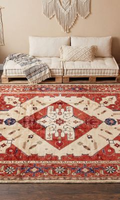 Hand-knotted oriental rug with geometric pattern in a boho living room