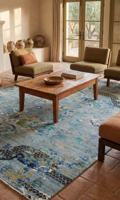 Oriental rug in blue and natural tones in a cosy country-style living room