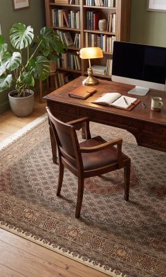Tapis Tabriz dans un bureau avec un bureau classique en bois