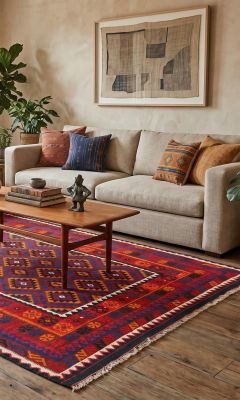 Červený starožitný afghánský koberec Kilim v moderním obývacím pokoji ve stylu Ethno.