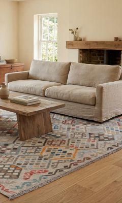 Světle šedý afghánský koberec Kilim v útulném obývacím pokoji ve venkovském stylu.