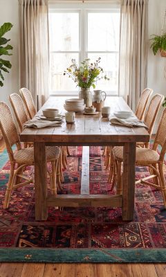 Vintage Patchwork Rug under the Dining Table in the Dining Room