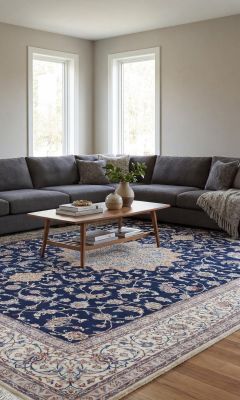 Hand-knotted Nain rug in blue and cream in a modern living room