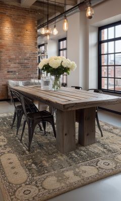 Sadraa designer rug in an industrial dining room with a modern interior